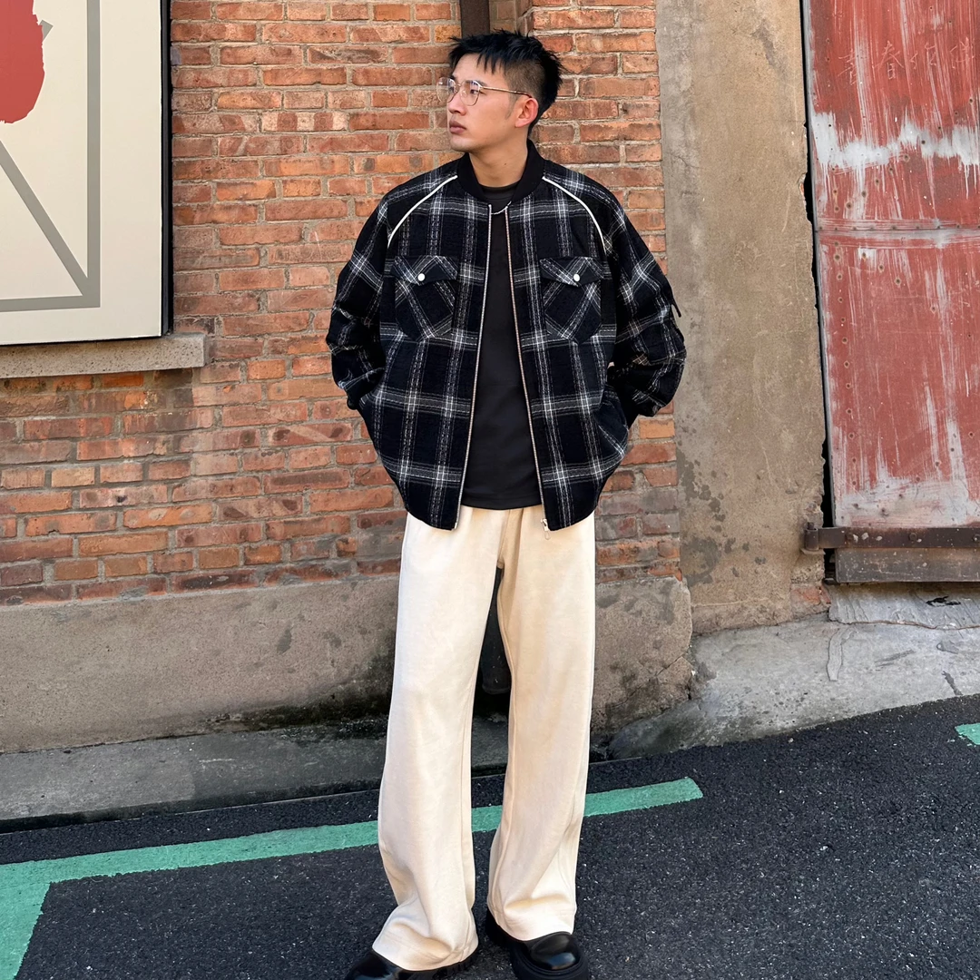 秋冬新品立领格子宽松洋气大口袋夹克夹绳设计拉链短款夹克