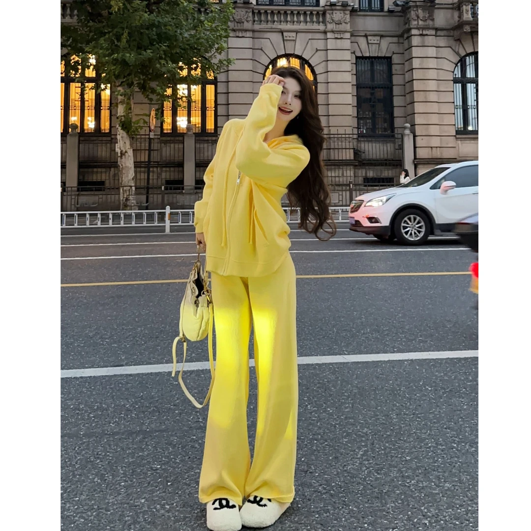 针织连帽时尚套装秋季新款简约大方上衣阔腿裤两件套女显瘦减龄