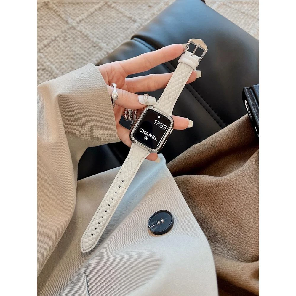 ins秋冬款适用Applewatch8真皮菱格表带苹果手表7654321小香风女