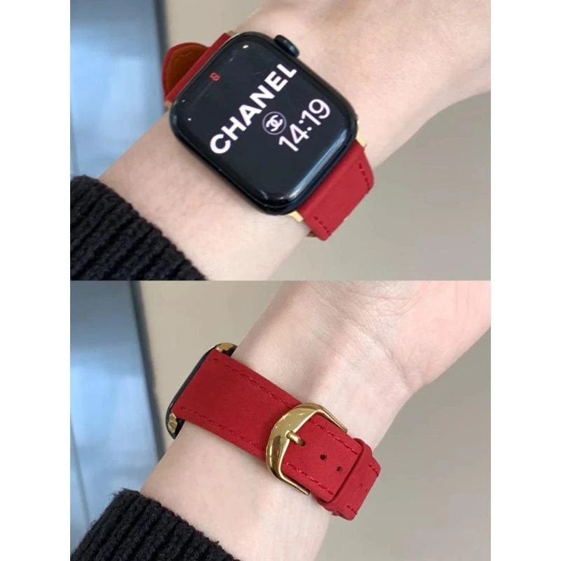 ins新年秋冬款适用Applewatch8翻毛真皮质表带苹果手表7654321女