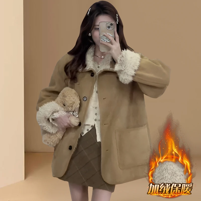 大码两面穿皮毛一体加绒加厚外套女秋冬新款开衫胖MM小个子上衣