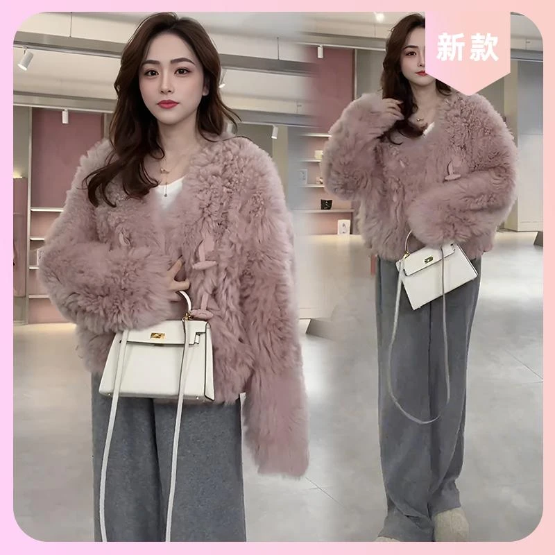 粉色毛毛外套女2025冬季款短款宽松显瘦加厚时尚网红气质休闲上衣
