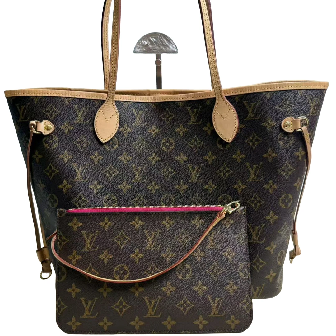 99新 LouisVuitton/路易威登 neverfull纯芯片中号玫红内里有子袋