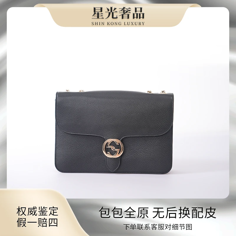 95新 GUCCI/古驰 古驰黑金中号风琴单肩斜跨包