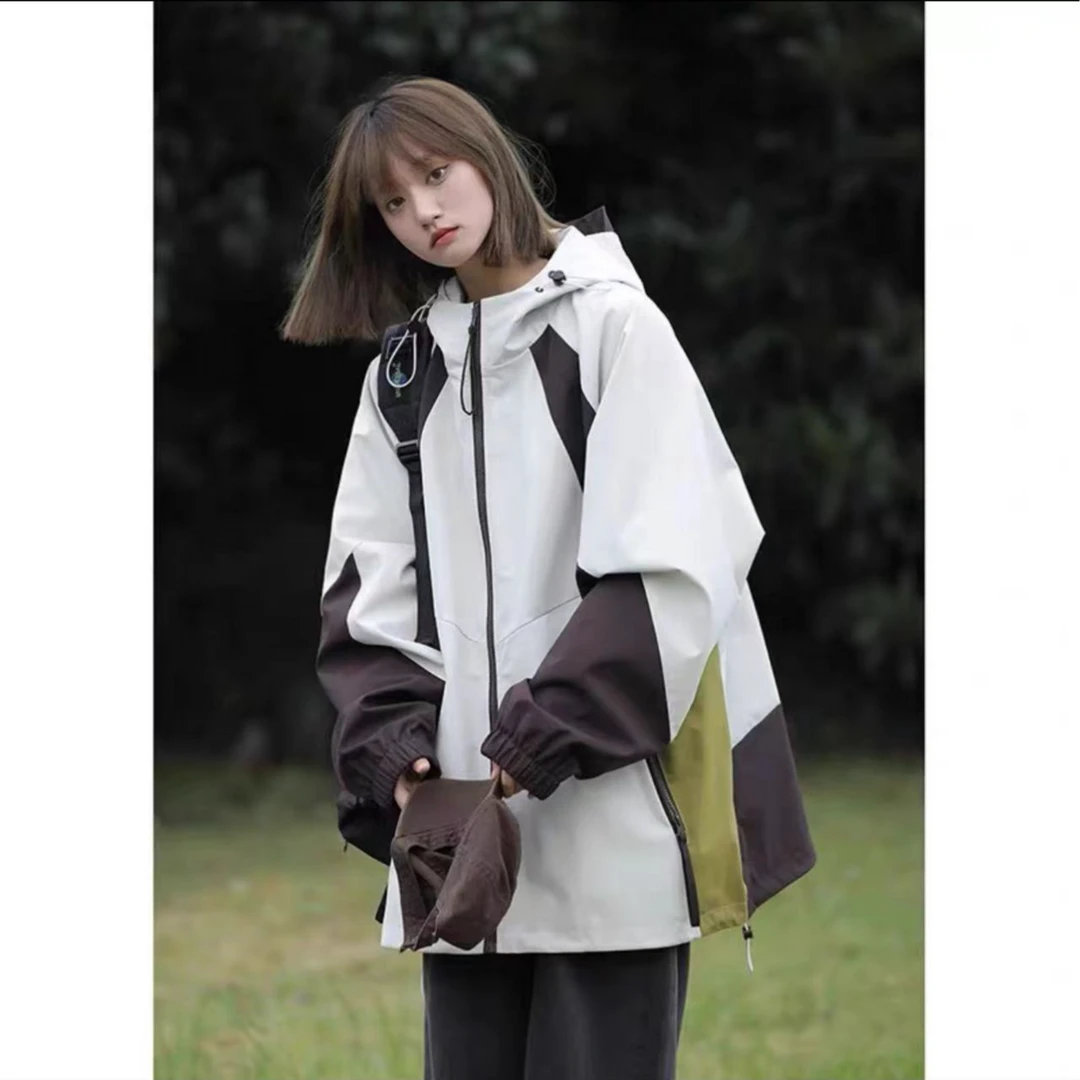 潮牌冲锋衣外套女2024夏季新款防水连帽美式宽松上衣服【746】