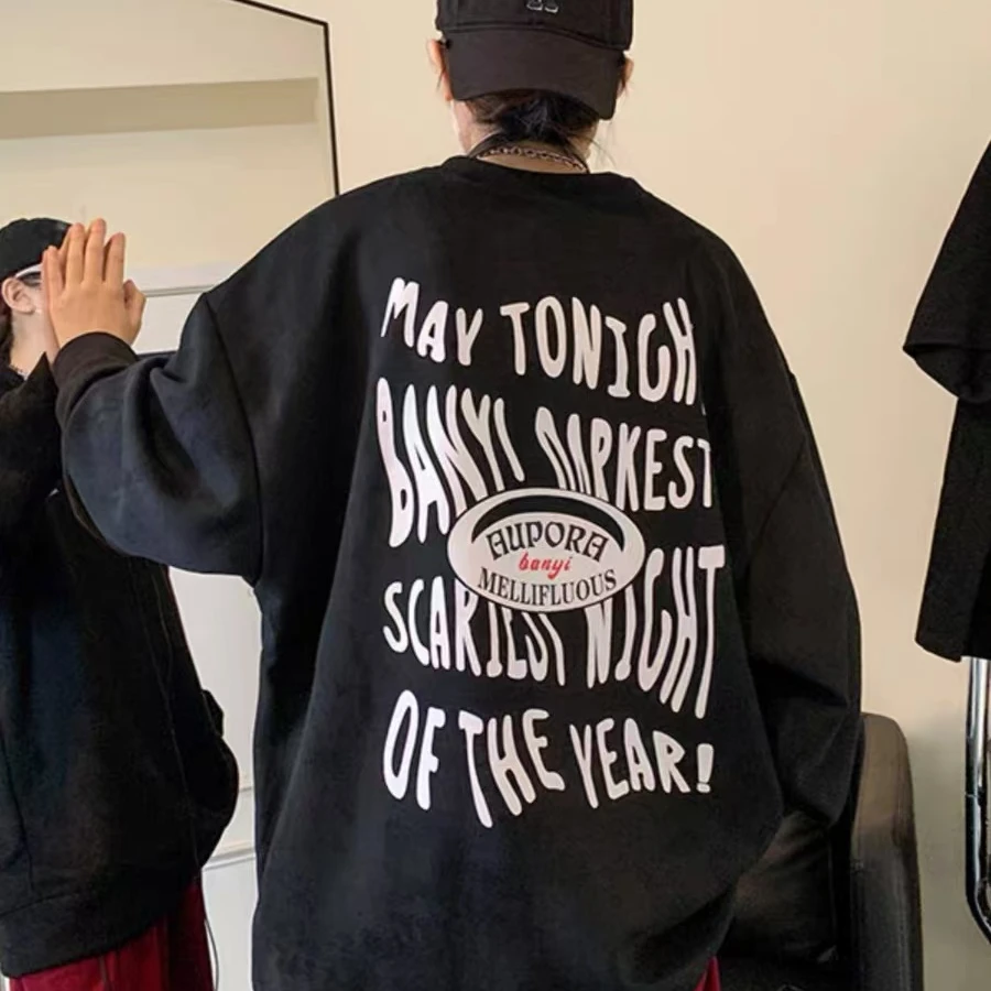 美式复古麂皮绒ins潮牌印花卫衣