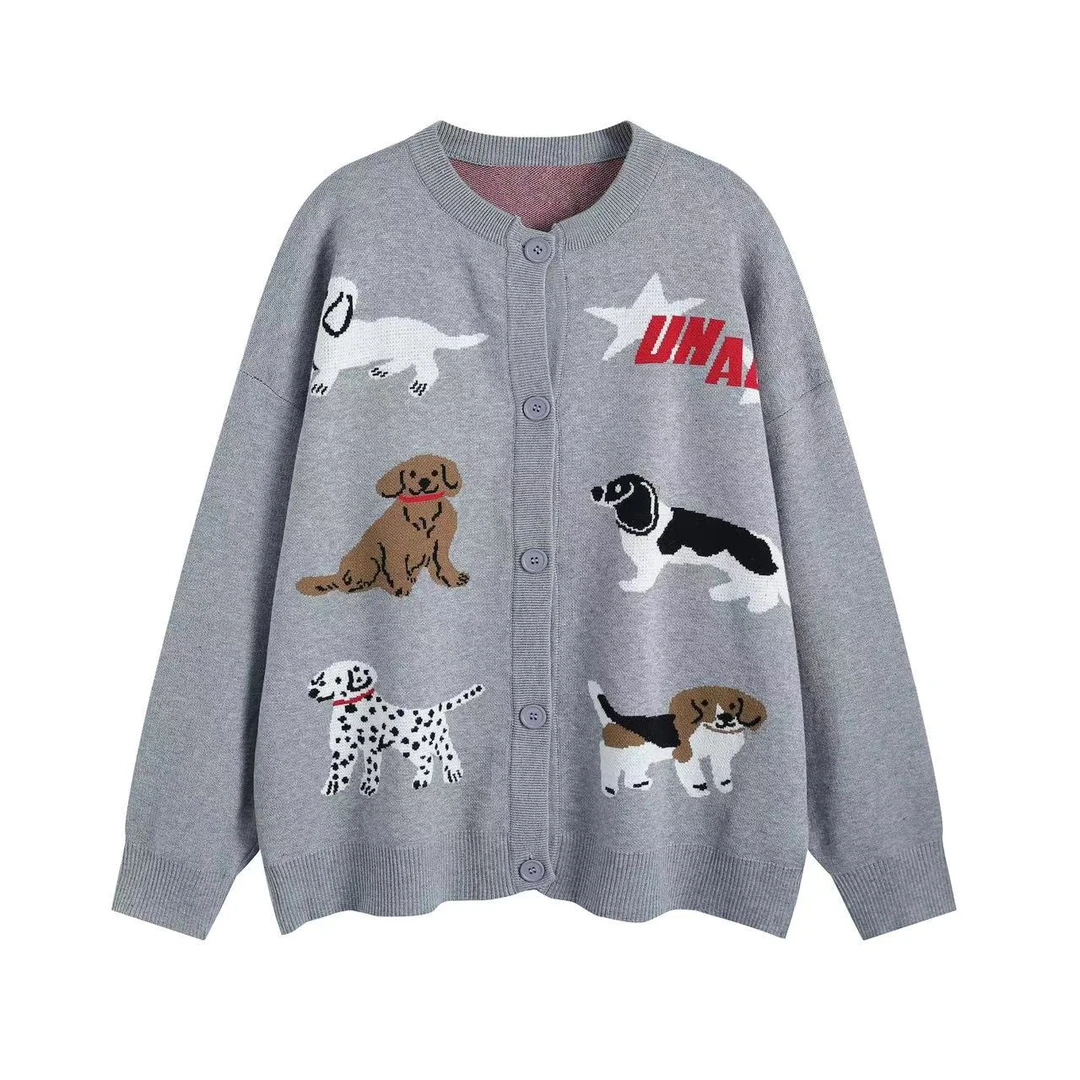 【张三专属】情侣同款美式复古趣味卡通小狗刺绣针织开衫TF000014