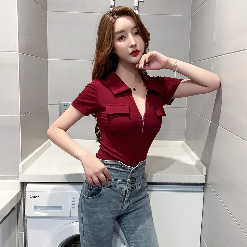 气质紧身上衣女性感POLO衫短袖夜店纯欲风低胸修身显瘦短款T恤夏