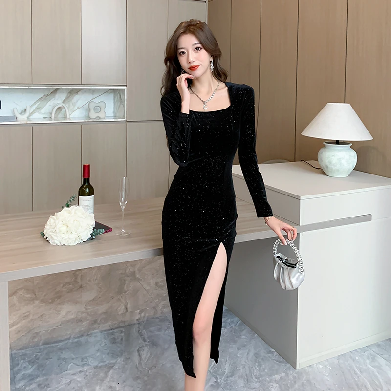 方领亮片丝绒连衣裙新款高端夜店显身材修身高开叉性感包臀裙裙子
