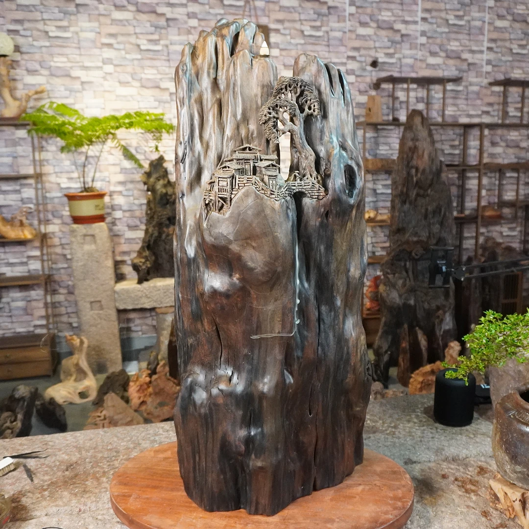 禾伯典手工雕刻乌木茶室民宿文书房玄关禅意静物山水摆件倒流香插