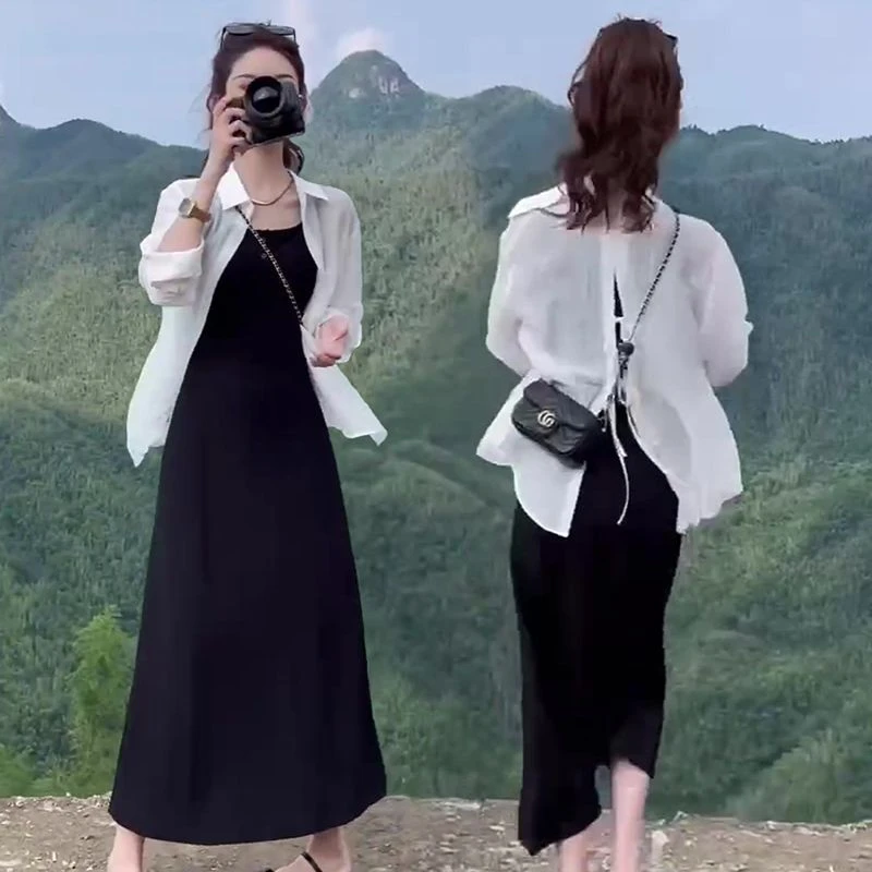 2024夏季新款韩版时尚防晒长袖衬衫吊带连衣裙两件套设计感后开叉