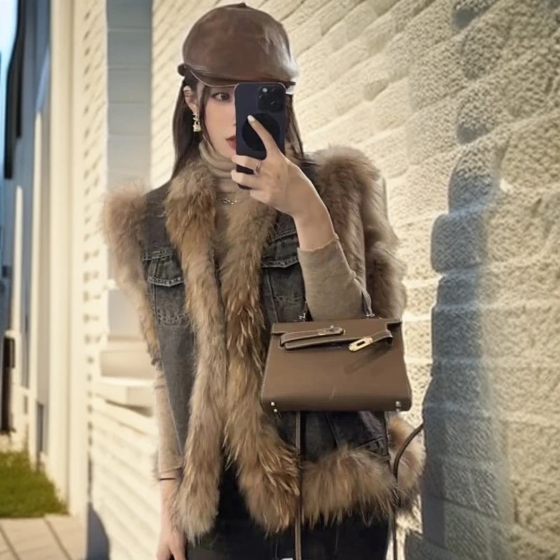 2024秋冬季新款时尚拼接韩版洋气加棉百搭马甲牛仔马夹女外套修身