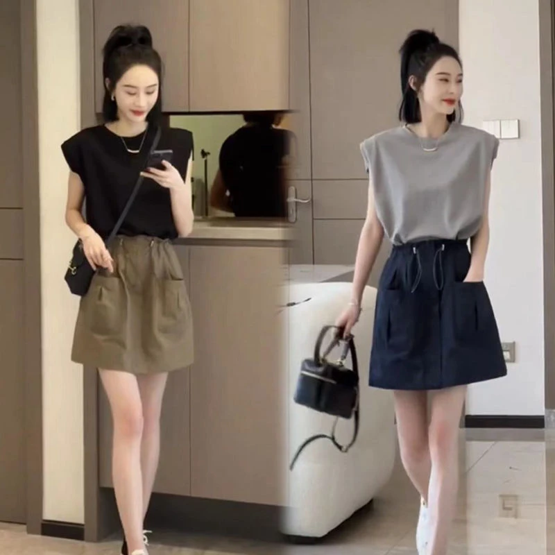 2024夏季新款休闲宽松无袖背心T恤女松紧高腰工装半身裙两件套装