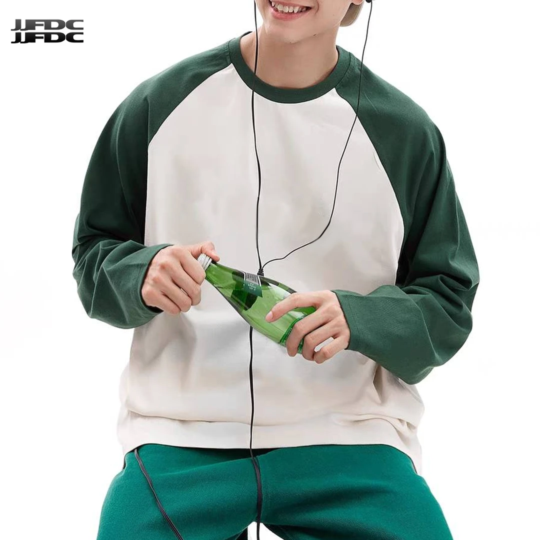 高端纯棉插肩袖长袖T恤百搭拼接撞色长袖上衣打底衫男女潮流宽松