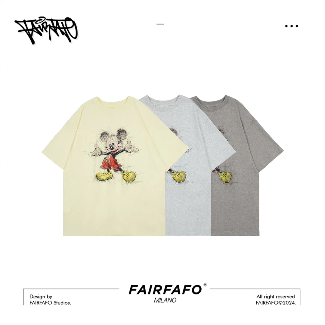 FAIRFAFO林肉肉【线条卡通画】夏季情侣宽松美式印花短袖 TXPY43156