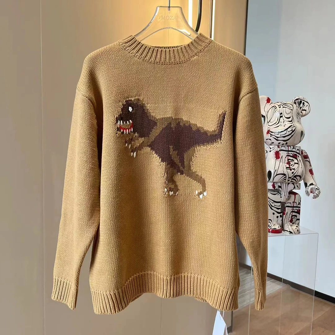 【恐龙圆领毛衣】22MY31针织时尚休闲百搭女士印花秋冬套头米色毛衣