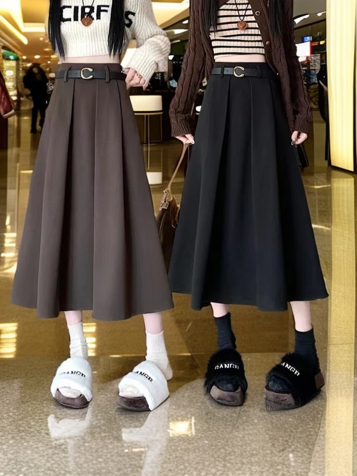 【送腰带】半身裙秋冬女a字裙中长百褶裙高级感毛呢长裙