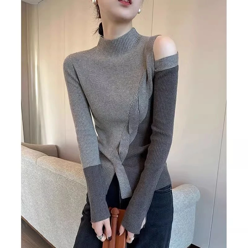 半高领毛衣女内搭洋气秋冬针织衫露肩打底衫不规则外穿设计感上衣