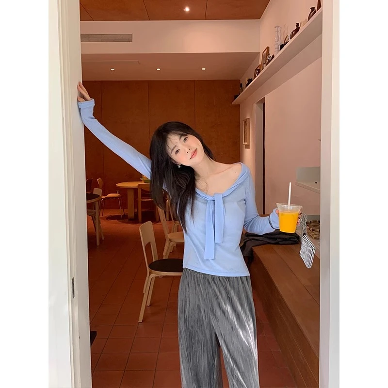 气质大圆领露肩上衣小众时尚感系带长袖针织衫内搭打底毛衣女秋冬