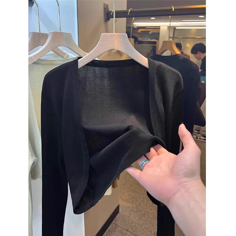 黑色冰丝长袖针织防晒开衫女夏薄款短外套小披肩吊带外搭空调罩衫