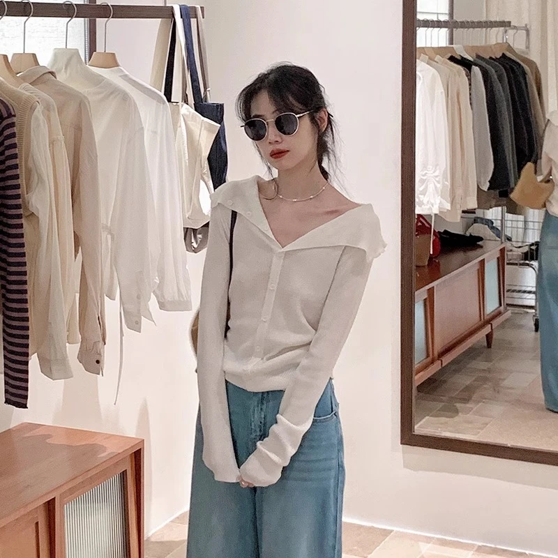韩系套头白色翻领针织衫女2025早秋冬新款设计感小众高级修身上衣