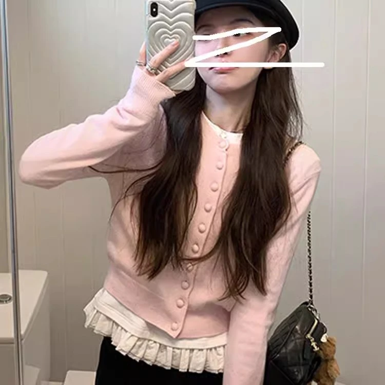 miu系粉色针织开衫女初秋季高级感修身显瘦毛衣外套短款软糯上衣