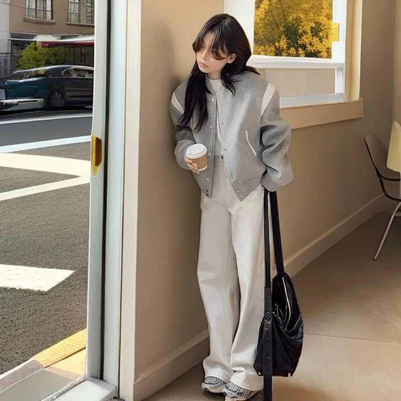 棒球服短款外套春秋天韩系穿搭薄款夹克2024秋季新款灰白拼接撞色