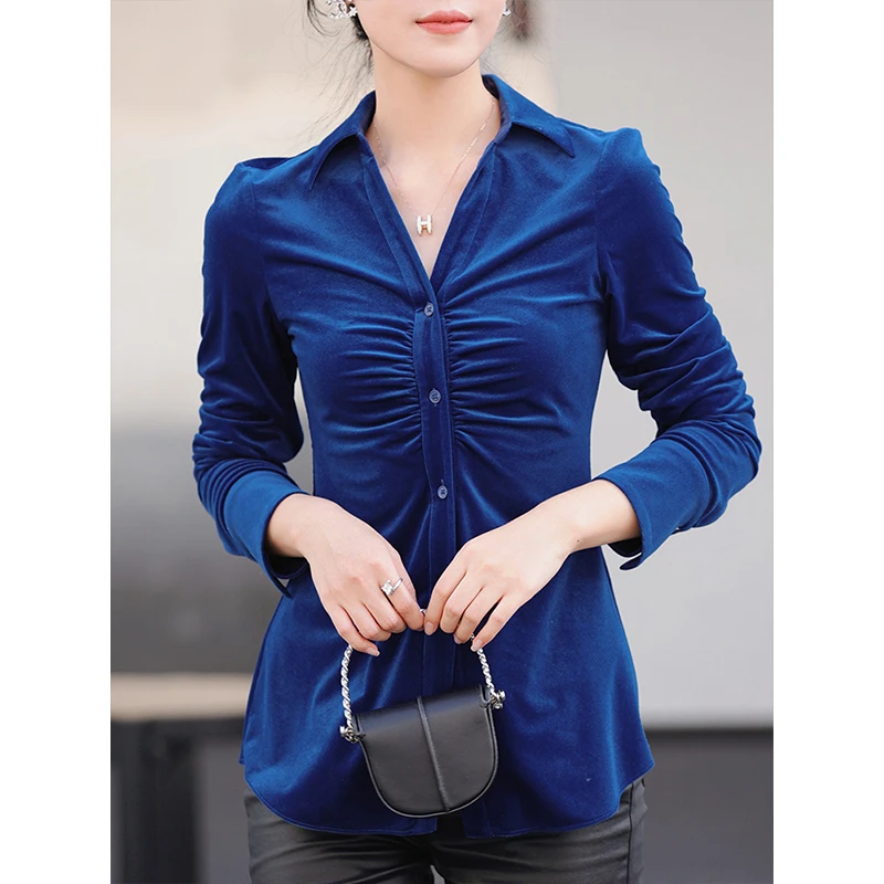 【春夏6】每人衣谷 设计感气质丝绒短款衬衫衬衣修身长袖打底v领