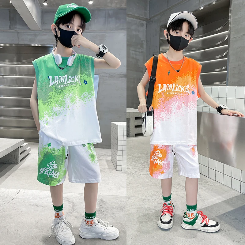 【品牌】男童中大童夏季时尚运动涂鸦速干洋气无袖凉爽篮球服套装