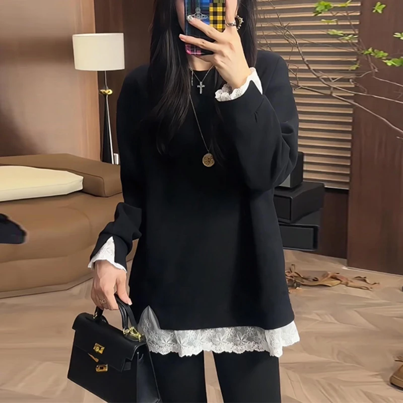 假两件打底衫女2024年秋冬新款蕾丝拼接时尚宽松显瘦撞色圆领上衣