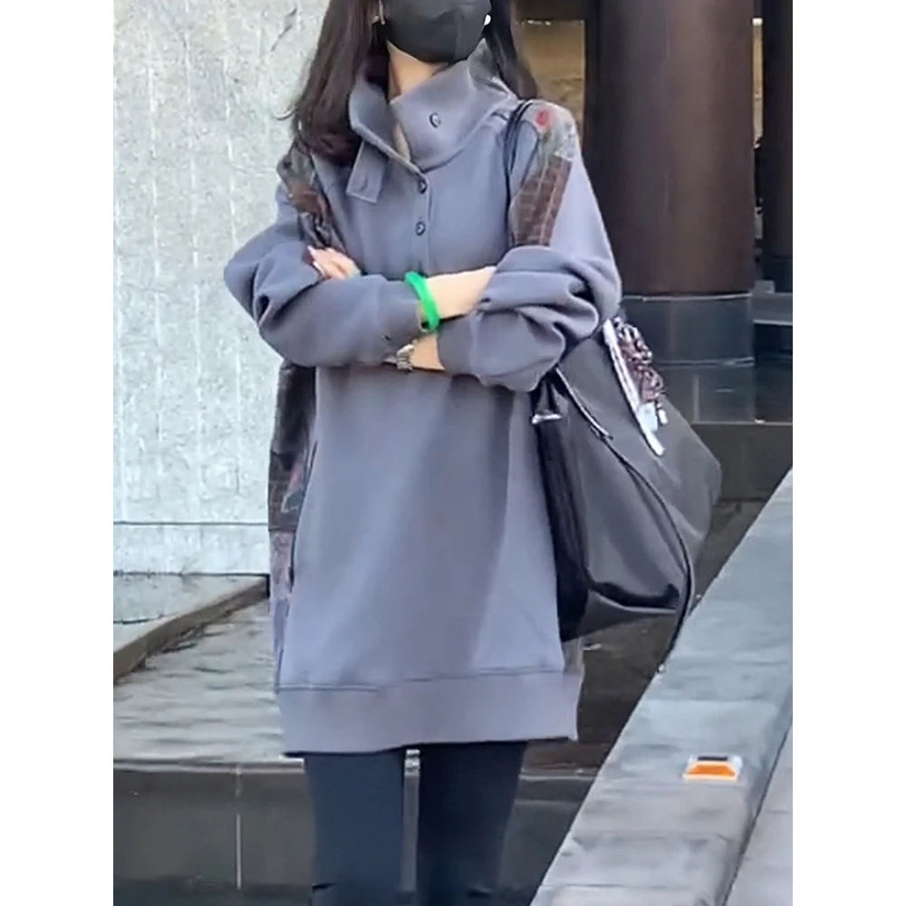 2025秋冬新款高领卫衣女士时尚洋气减龄宽松大码中长款遮屁股上衣