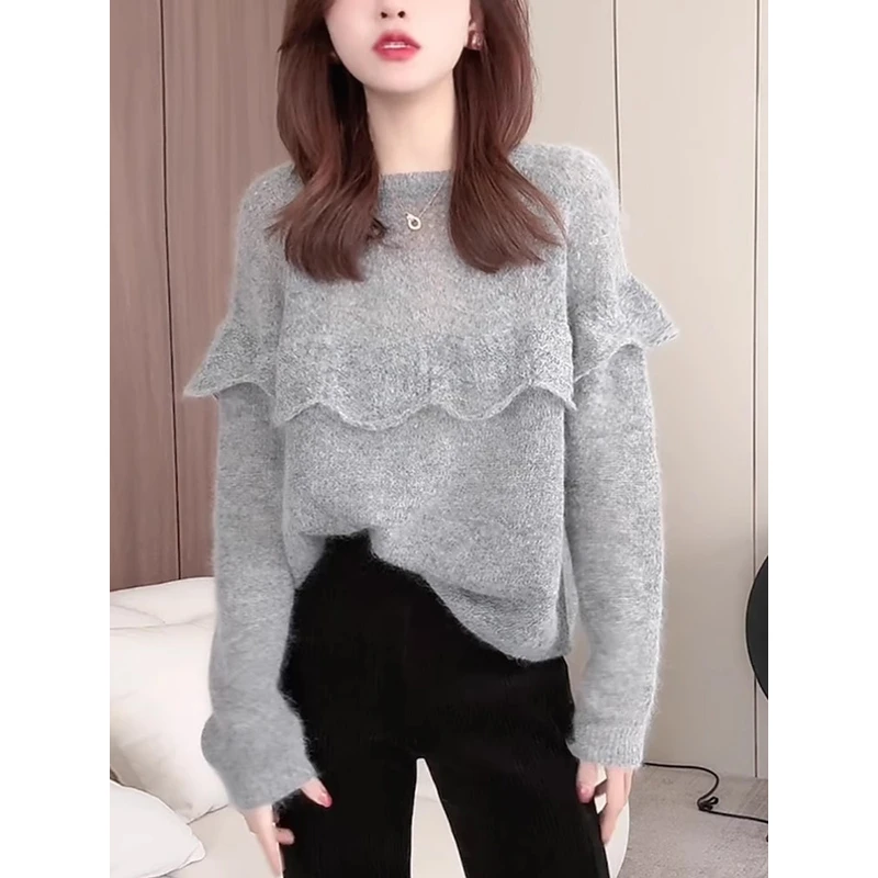 灰色毛衣女士秋冬慵懒风宽松显瘦软糯马海毛打底针织衫设计感上衣