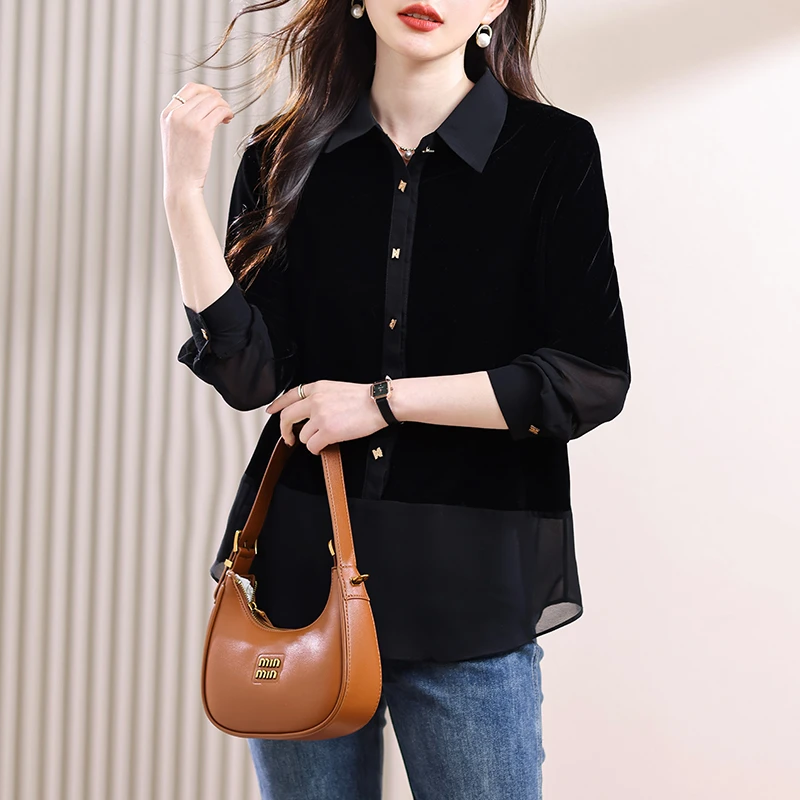 黑色丝绒拼接衬衫女2025年春季新款大码宽松上衣时尚洋气百搭小衫
