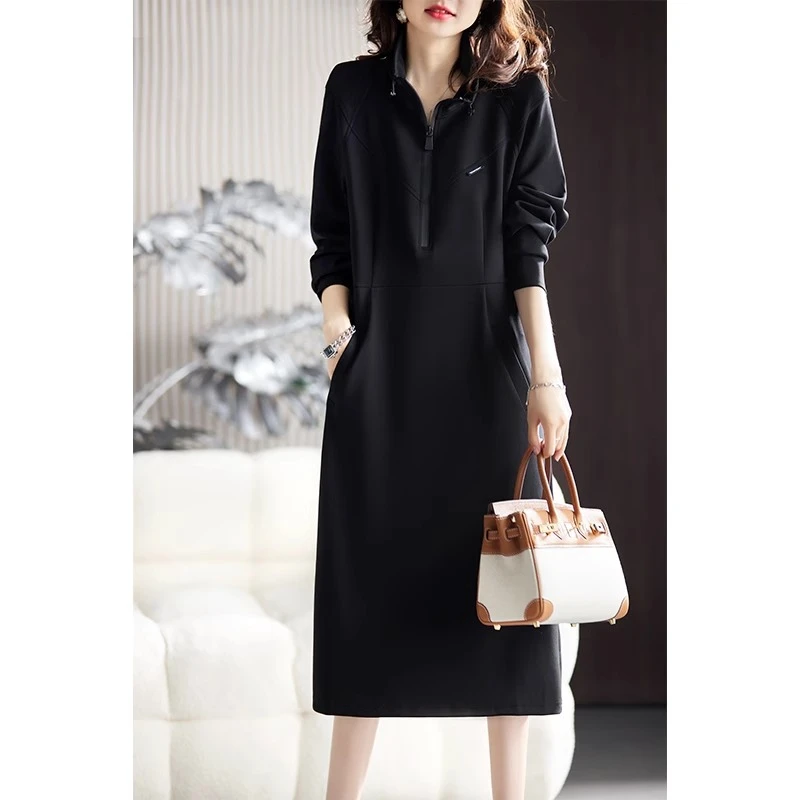 黑色长袖卫衣连衣裙女2024年秋季新款宽松时尚高级感气质休闲裙子