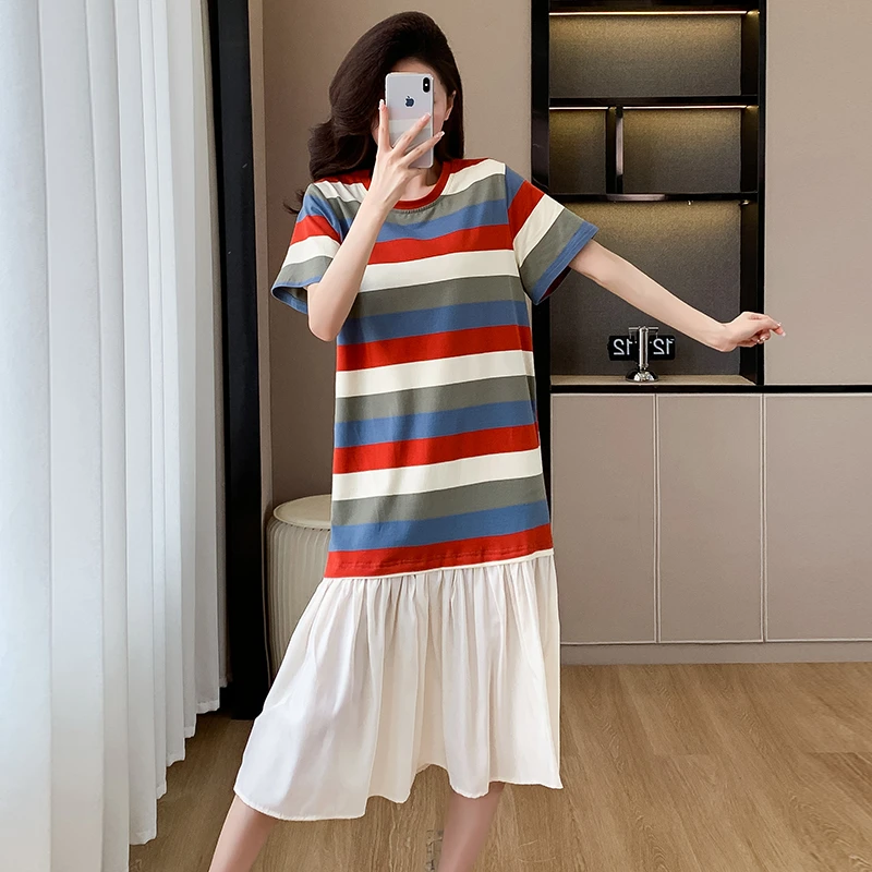 气质条纹拼接鱼尾连衣裙女夏设计感宽松大码减龄显瘦休闲T恤长裙