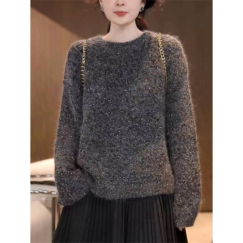 灰色亮片重工套头毛衣外穿秋冬慵懒风宽松加厚洋气减龄针织衫上衣