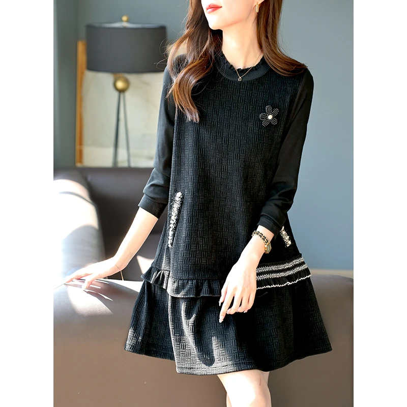 亮丝钉珠拼接连衣裙女2025春秋新款高级感荷叶边显瘦气质a字裙子