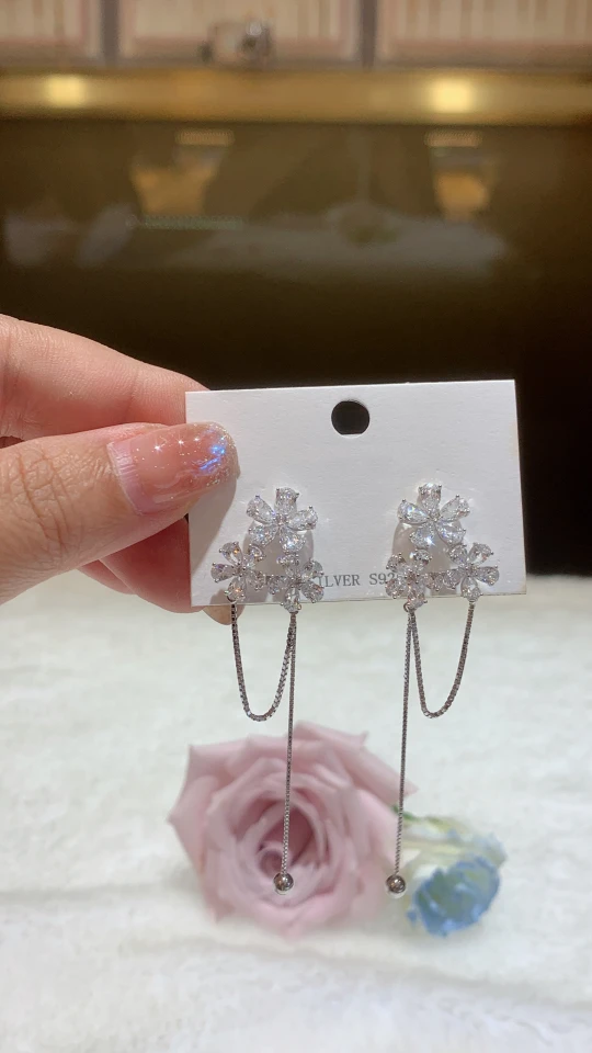 925银银制品 925银花团流苏耳环
