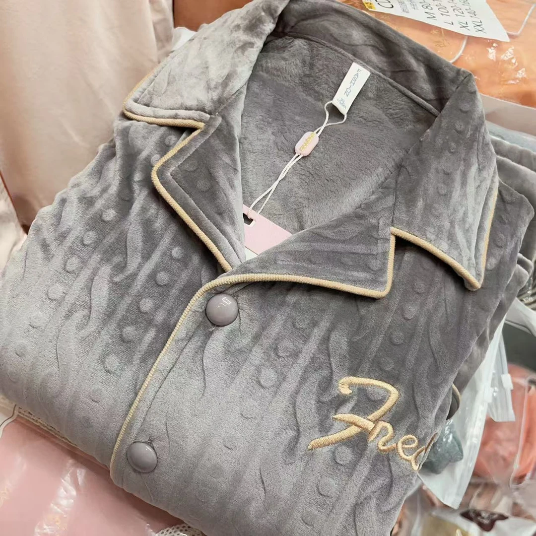 【米兔家居服】CD236男士海岛绒高级灰字母刺绣秋冬加厚长袖长裤