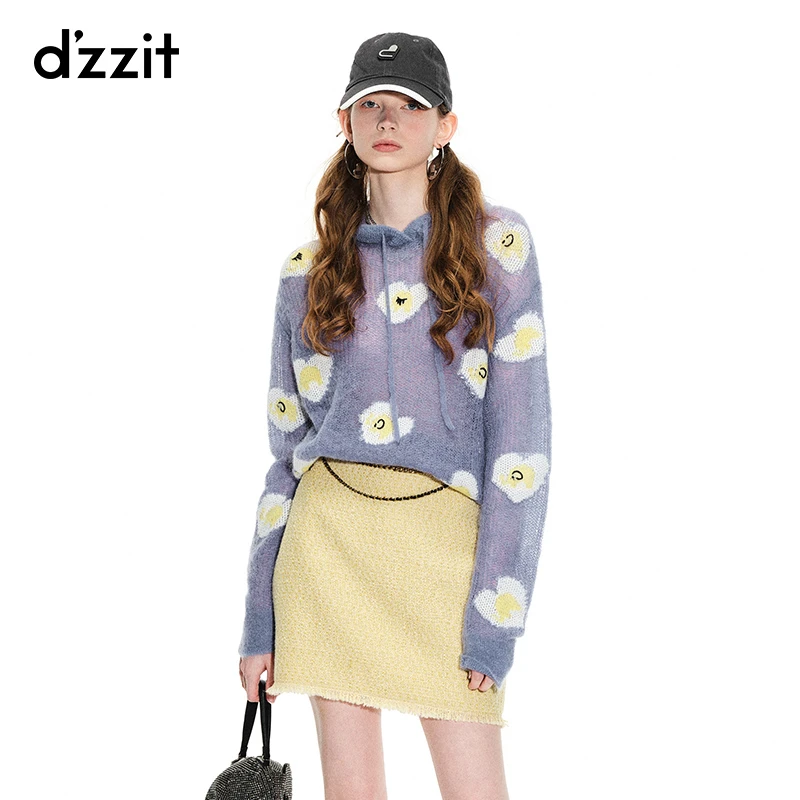 dzzit地素春秋慵懒感复古提花薄款连帽长袖针织衫上衣女3H1E438
