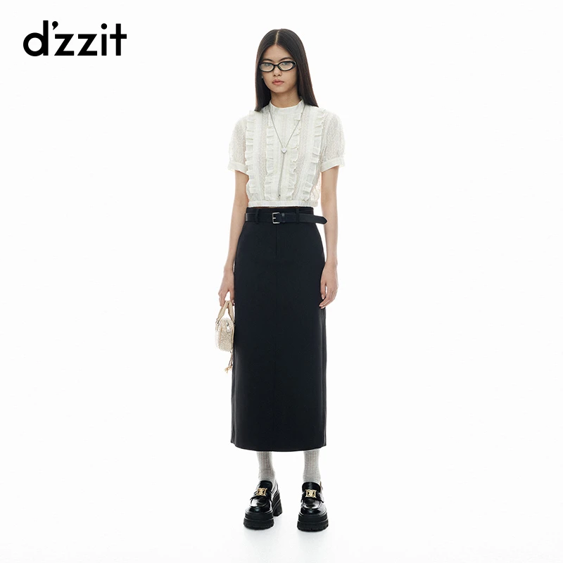 【专属】dzzit地素半身裙春秋摩登都市黑色开叉高腰西装直筒长裙