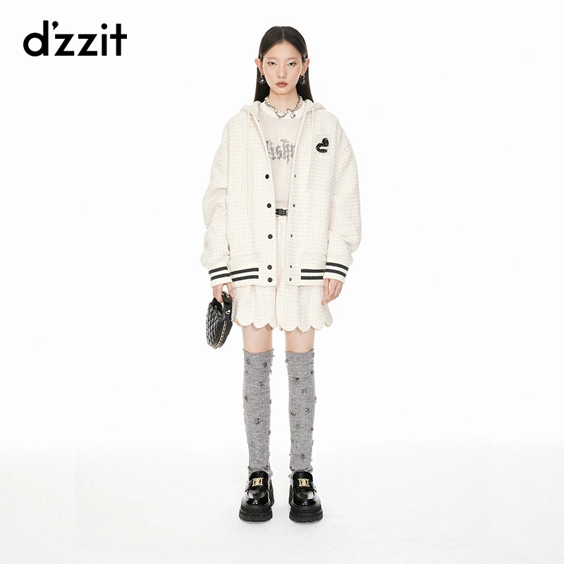 dzzit地素粗花呢棉服春秋小香风连帽宽松爱心外套女3I1H202