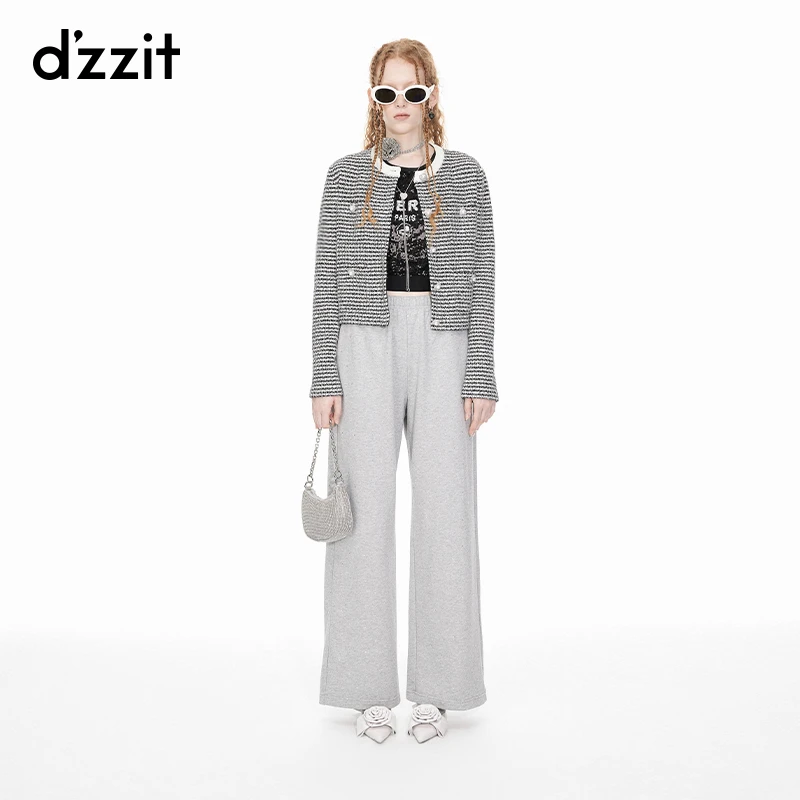 dzzit地素针织衫春秋千金小香风镶嵌设计圆领长袖上衣女3I1E514