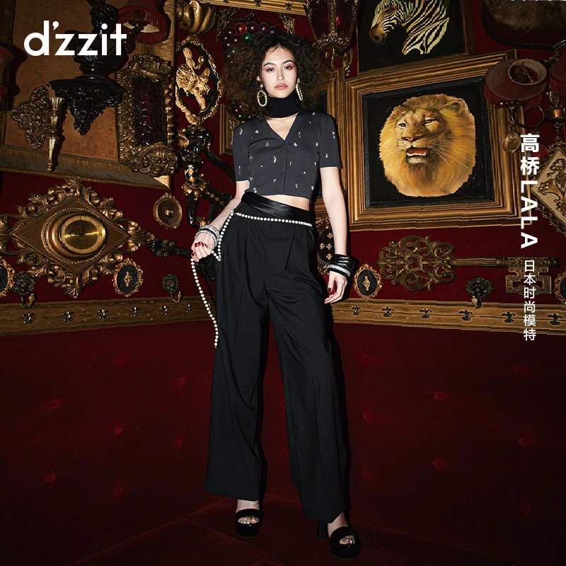 【专属】dzzit地素西装长裤复古通勤黑色高腰宽松休闲直筒裤女