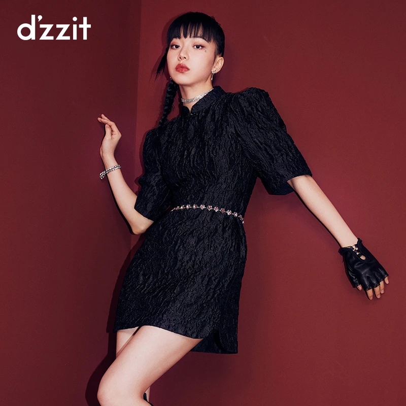 dzzit地素  春秋新中式改良旗袍连衣裙女泡泡袖国风裙子3E1O501