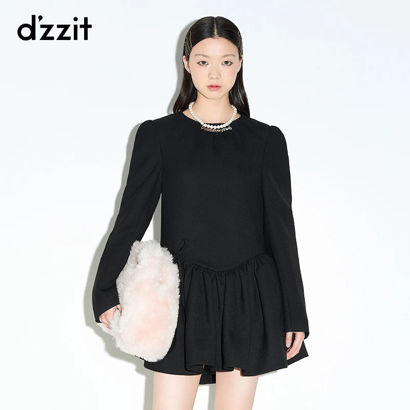 【明星同款】dzzit地素时尚气质黑色圆领长袖连衣裙女小黑裙3E1O606