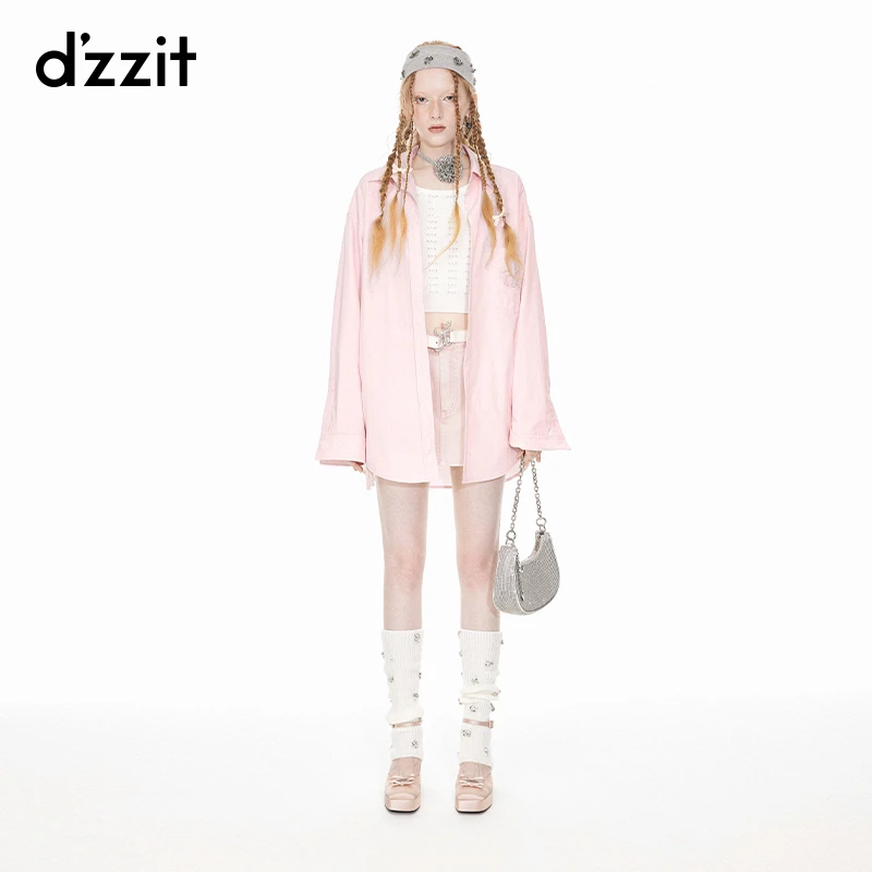 【专属】dzzit地素绣花大衬衫夏季新粉红色棉质宽松长袖上衣