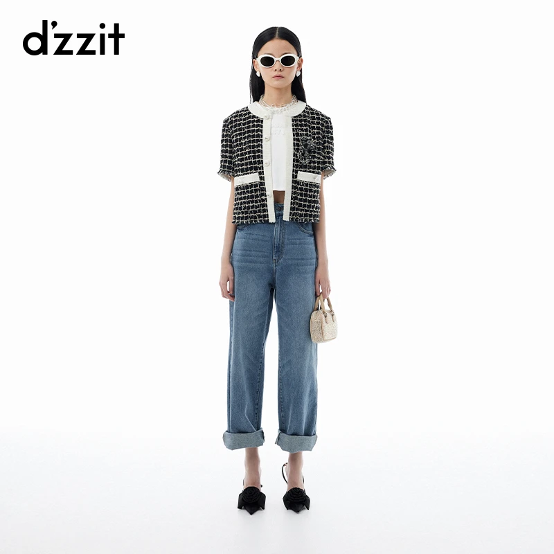 dzzit地素短外套春秋小香风短袖格纹毛边设计短款上衣女3I3F432