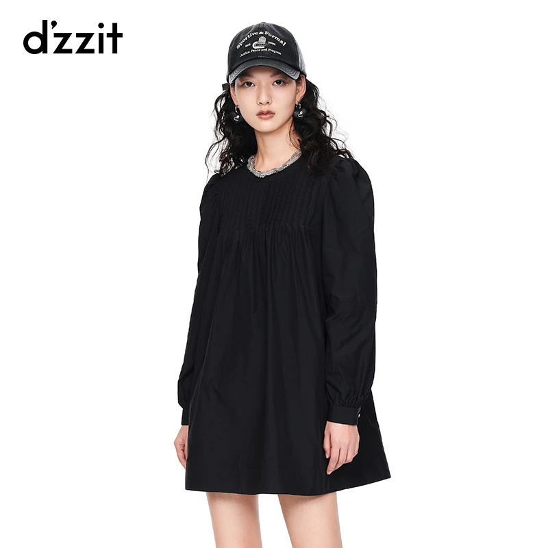 dzzit地素法式复古优雅羊腿袖设计领口链条长袖连衣裙3E3O602