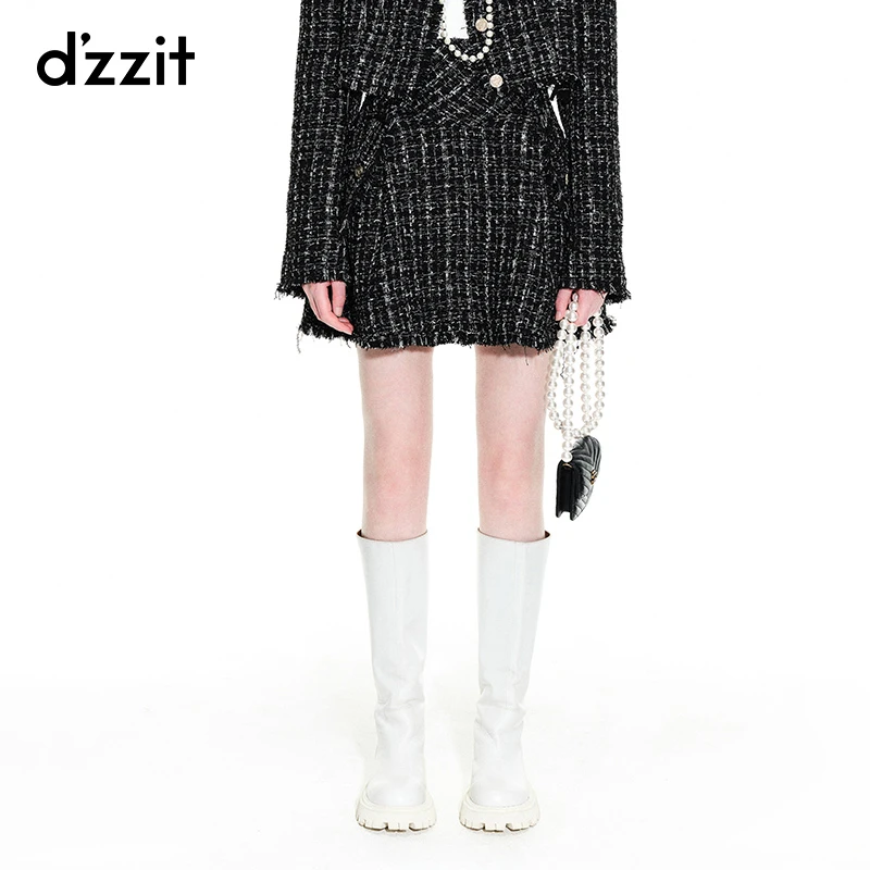 dzzit地素半身裙春秋千金小香风粗花呢毛边a字短裙女3H1S2281A